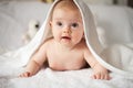 Baby girl is hiding under the white blanket. Royalty Free Stock Photo