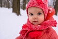 Baby girl impressed with the snow. Close-up