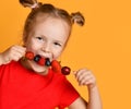 Baby girl kid in red t-shirt holding smelling biting eating fresh berries dessert with cherry strawberry raspberry on skewer Royalty Free Stock Photo