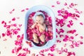 Baby girl lies in a bathtube with rose petals in Royalty Free Stock Photo