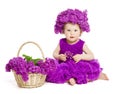 Baby Girl with Lilac Flowers, Child Fashion Portrait on White Royalty Free Stock Photo