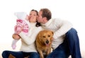 Baby girl mother and father family happy in winter and dog
