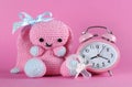 Baby girl nursery cute bunny toy, dummy pacifier and clock