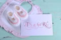 Baby girl nursery pink and white stripe wool booties and card