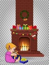 Baby Girl Open Gift Near Decorated Christmas Fire Place Clip Art