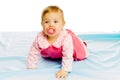 Baby girl with pacifier crawling on the blue coverlet. Studio