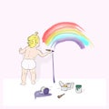 A baby painting a rainbow on the wall. Vector illustration