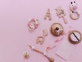 Baby girl pink card. Newborn background. Baby shower invitation. Royalty Free Stock Photo