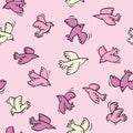 Baby girl pink seamless pattern with flying birds. Vector Royalty Free Stock Photo