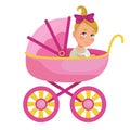 Baby girl in a pink stroller on a white background - Vector