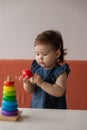 Baby girl playing with wooden colourful toy pyramid at home. Royalty Free Stock Photo