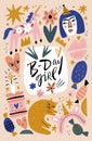 Baby girl princess Birthday party decor set, scandinavian collage design, cartoon childish style. Characters and celebrate phrase Royalty Free Stock Photo