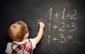 Baby girl pupil draws a chalk on blackboard Royalty Free Stock Photo