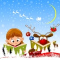 Baby girl and reindeer read books for Christmas Royalty Free Stock Photo