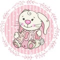 Baby girl round label with cute bunny