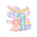 Baby girl`s first birthday. Festive decoration. Royalty Free Stock Photo