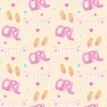 Baby girl sandals and toy rattle, vector seamless cartoon pattern.