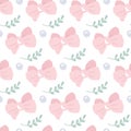 Baby girl seamless pattern. Cute pink bows, beads and green branches. Simple nursery girly background. Fashion Royalty Free Stock Photo