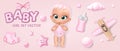 Baby girl set. Cartoon doll isolated on pink ribbon bow feeding bottle, booties, toy airplane cloud vector