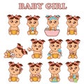 Baby girl set vector illustration. Cute girls in various poses and emotions in flat style. Royalty Free Stock Photo