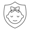 Baby girl on shield thin line icon, 1st June children protection day concept, Child safety sign on white background, Kid