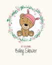 Baby girl shower card. Cute bear inside flower frame. Royalty Free Stock Photo