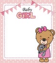 Baby girl shower card. Cute bear with teddy Royalty Free Stock Photo
