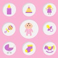 Baby girl shower card. Its a girl. Bottle, horse, rattle, pacifier, sock, doll, baby carriage pyramid toy. Pink background Flat Royalty Free Stock Photo