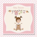 Baby girl shower card with little girl and her teddy bear Royalty Free Stock Photo