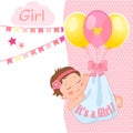 Baby Girl Shower Card Vector Illustration. It`s A Girl. Kids Invitation Card Design With Little Sleep Baby. Royalty Free Stock Photo