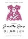 Baby girl shower invitation card with pink glittered dress and c Royalty Free Stock Photo