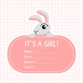 Baby Girl Shower Invitation Template, Pink Card with Cute Bunny and Place For Your Text Vector Illustration Royalty Free Stock Photo