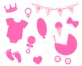 Baby girl shower set. Elements for greeting cards and invitations. Pink bunting with text Girl, crown, bodysuit, bib Royalty Free Stock Photo