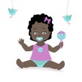 Baby girl sitting with a rattle. Vector cartoon illustration.