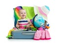 Baby girl sitting in suitcase with globe Royalty Free Stock Photo