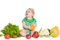 Baby girl sitting surrounded by fruits and vegetables, isolated on white Royalty Free Stock Photo