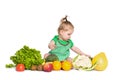 Baby girl sitting surrounded by fruits and vegetables, isolated on white Royalty Free Stock Photo