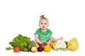 Baby girl sitting surrounded by fruits and vegetables, isolated on white Royalty Free Stock Photo