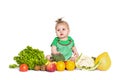 Baby girl sitting surrounded by fruits and vegetables, isolated on white Royalty Free Stock Photo