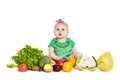 Baby girl sitting surrounded by fruits and vegetables, isolated on white Royalty Free Stock Photo