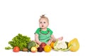 Baby girl sitting surrounded by fruits and vegetables, isolated on white Royalty Free Stock Photo