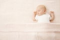 Baby Girl Sleep in Bed, Newborn Child Covered Knitted Blanket Royalty Free Stock Photo