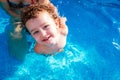 Baby girl smiles happy playing in a swimming pool in summer looking at camera Royalty Free Stock Photo