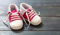 Baby girl pink shoes on blue color background, closeup view Royalty Free Stock Photo
