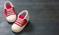 Baby girl pink shoes on blue color background, closeup view Royalty Free Stock Photo