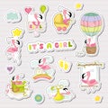 Baby Girl Stickers for Baby Shower Party Celebration. Decorative Elements for Newborn with Cute Flamingo Royalty Free Stock Photo