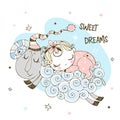 Baby girl sweetly sleeping on a sheep. Baby shower. Sweet dream. Vector