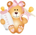 Baby girl teddy bear with baby pacifier and bottle milk Royalty Free Stock Photo