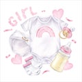 Baby girl things set. Vector illustration for shower party. Hand drawn clip art on white isolated background. Watercolor