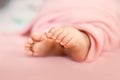 Baby girl tiny toes on pink background in a selective focus, maternity and babyhood concept Royalty Free Stock Photo